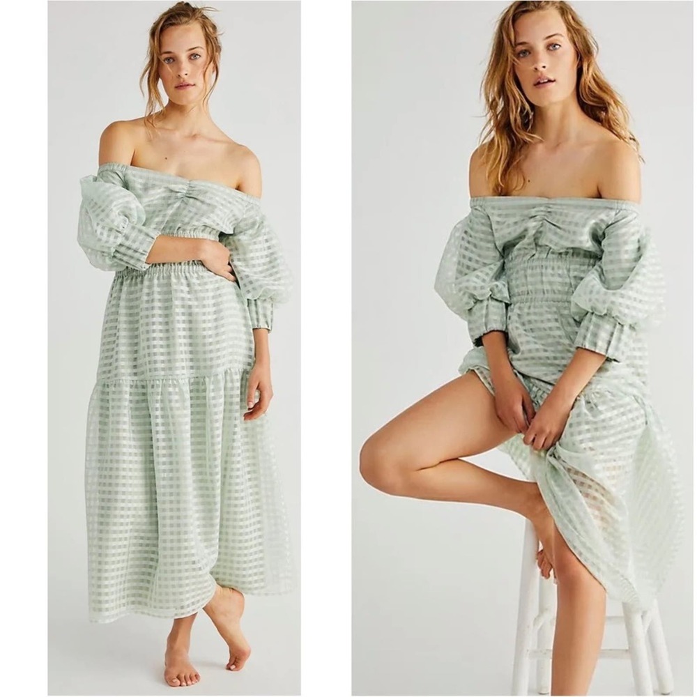 NWT Mare Mare Molly Sage Green Gingham Off the Shoulder Midi Dress Size XL